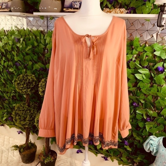 Ellos Sheer Blouse Top Size 2X 26/28 Dark Peach Orange Scoop Neck Silver Beaded - Picture 1 of 9